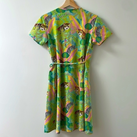 Leggiadro Jungle jersey Wrap Dress Stretch Lycra Tiger Zebra shortsleeve green M - Picture 3 of 12